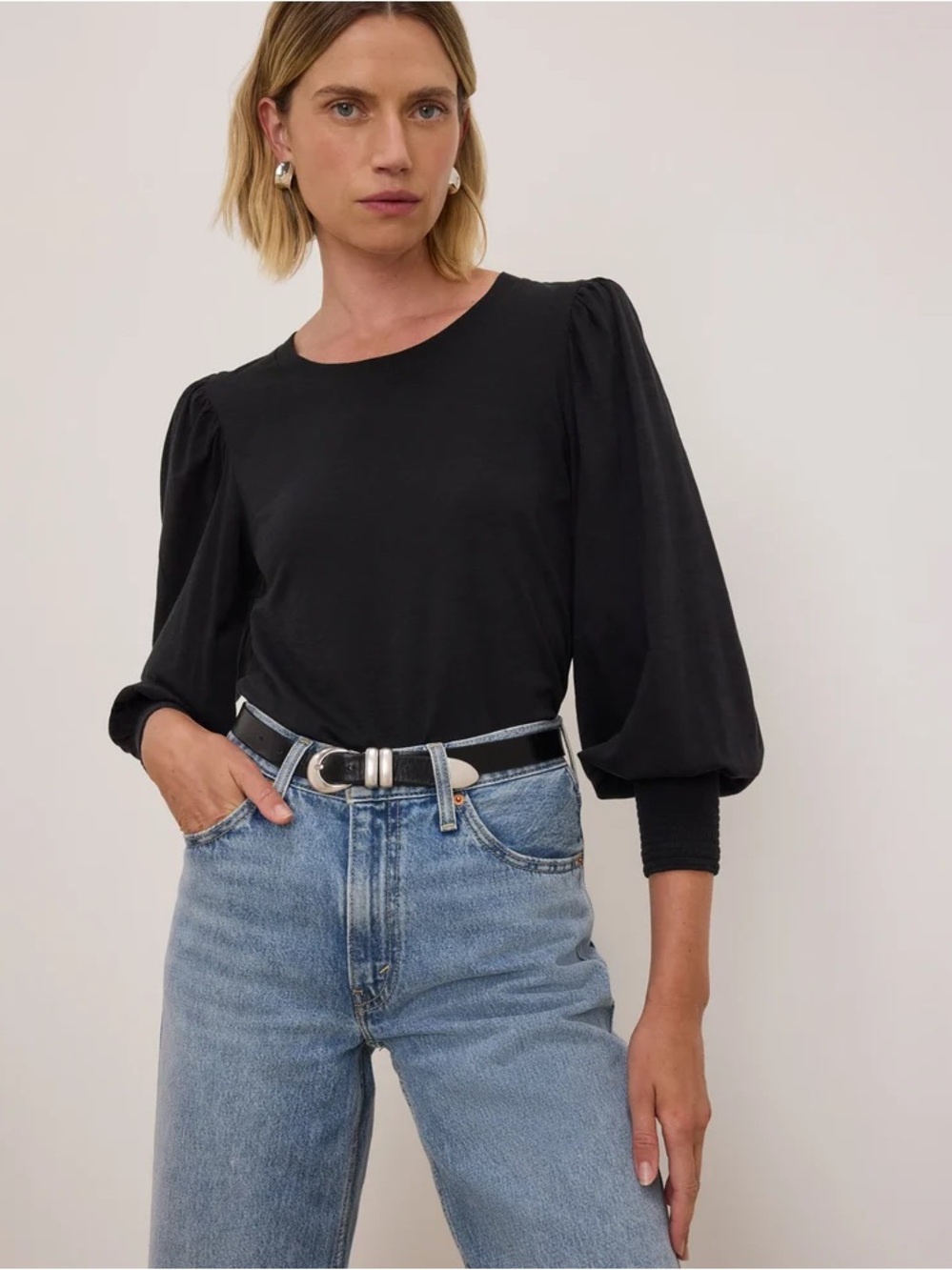 Nation LTD Loren Puff-Sleeve Long Sleeve Tee Jet Black Size Large